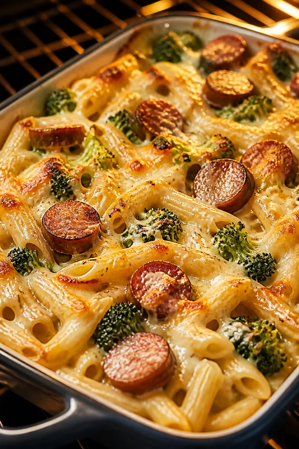 Baked cheesy sausage Alfredo pasta