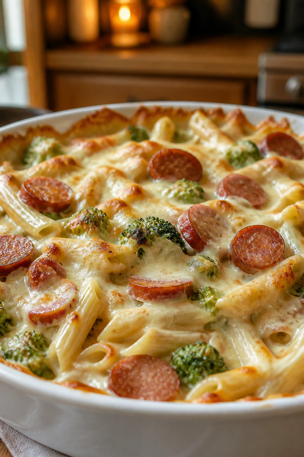 Creamy smoked sausage Alfredo pasta bake with broccoli and melted cheese.