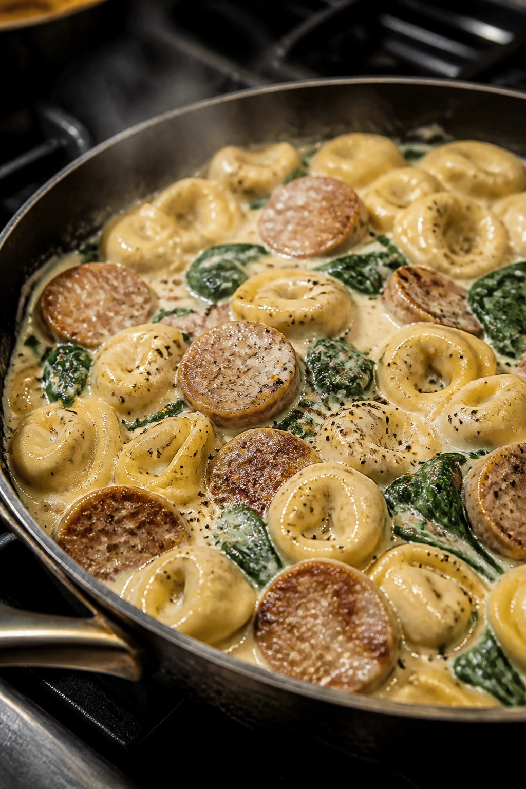 Creamy sausage Alfredo tortellini in a skillet with spinach