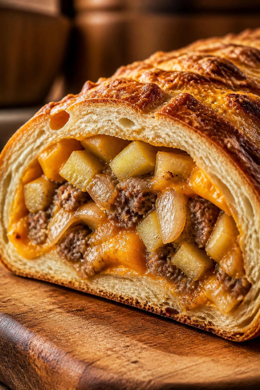 Cross-section of stuffed bread with sausage, apple, and onion filling.