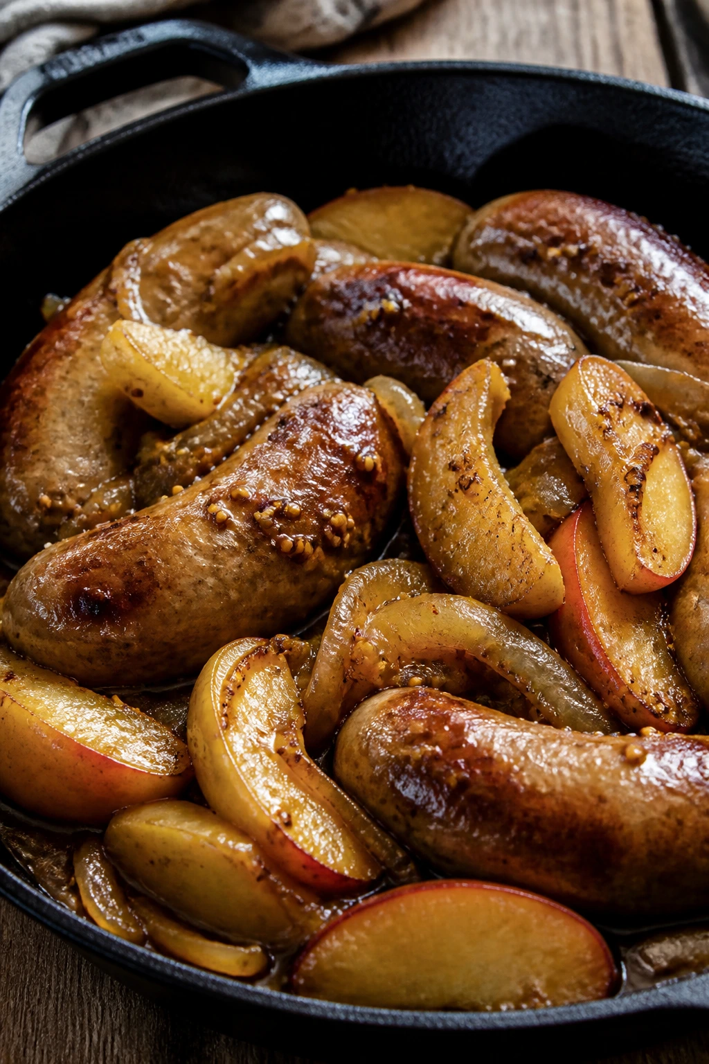 Sausage with apples and onions in mustard glaze in a skillet