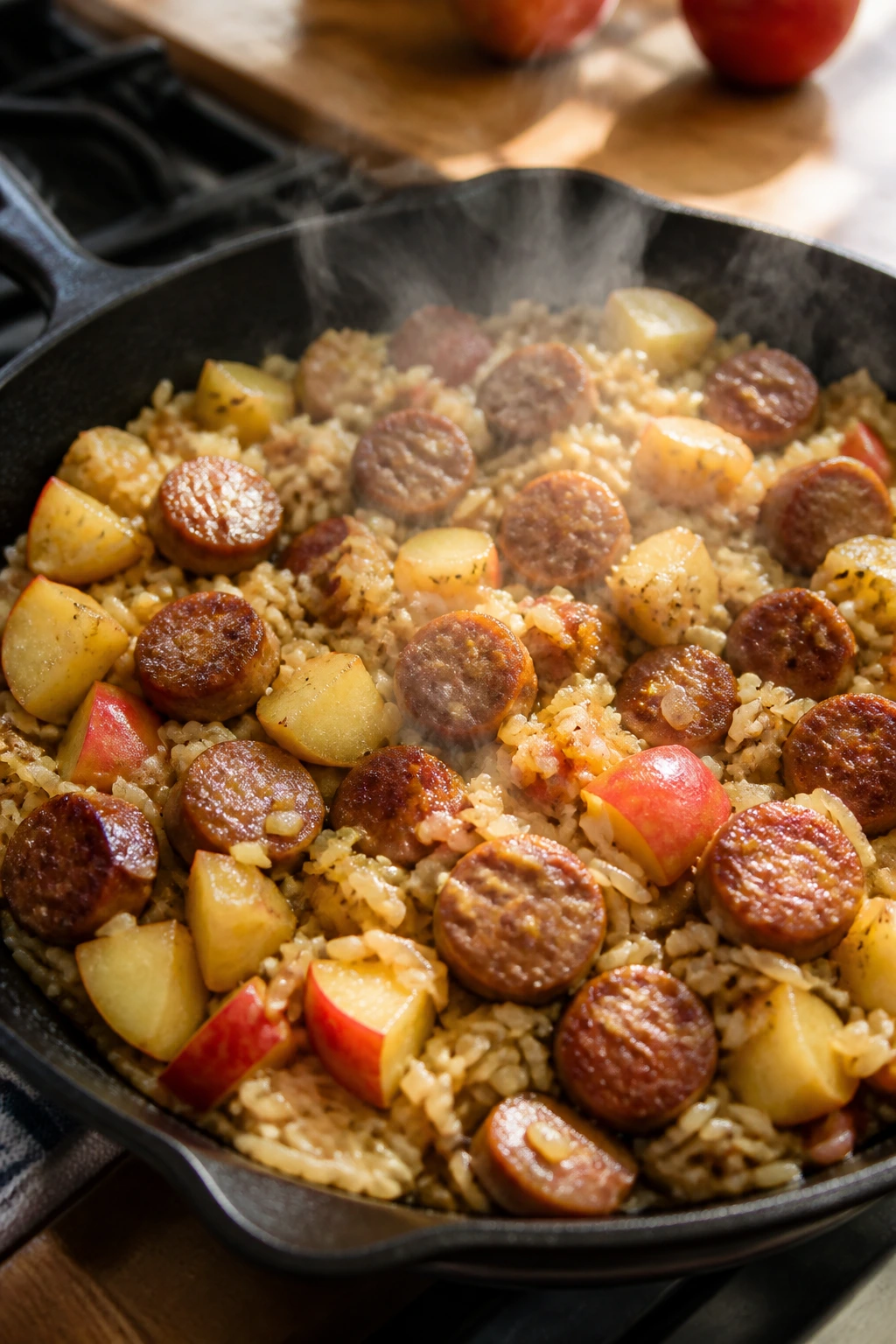 Close-up of sausage, apple, and rice skillet steaming in a warm kitchen