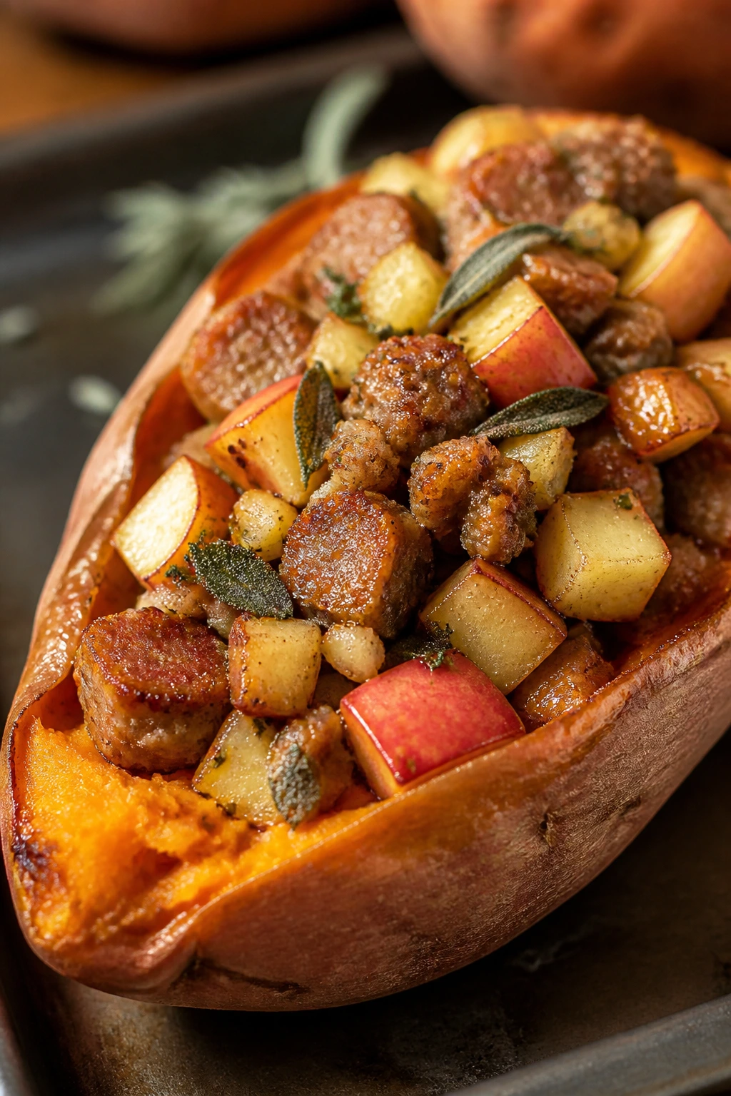 Stuffed potato with sausage apple and sage