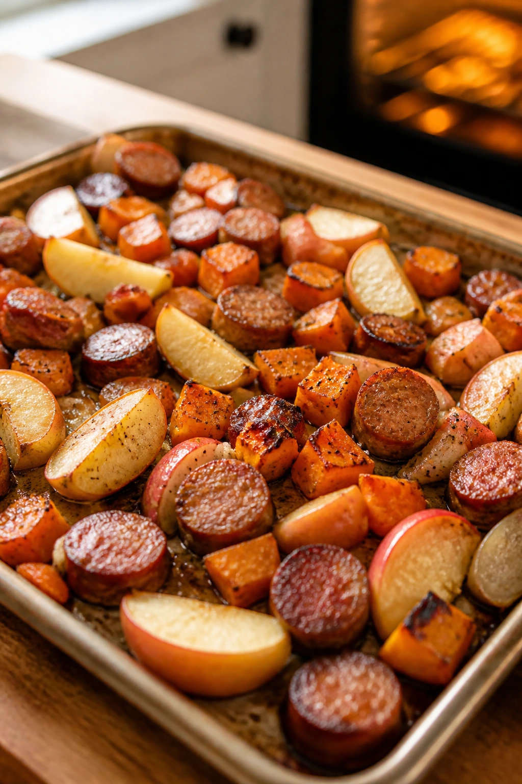 Roasted sausage, apples, and sweet potatoes on a sheet pan