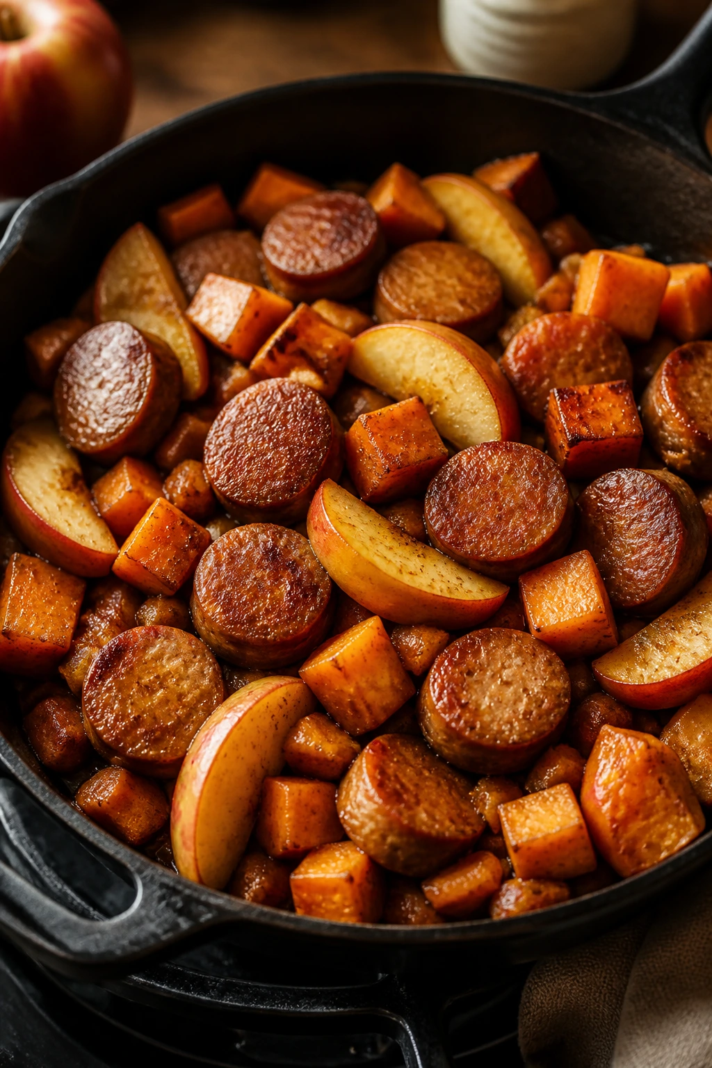 Sausage, apple, and sweet potato skillet on stove