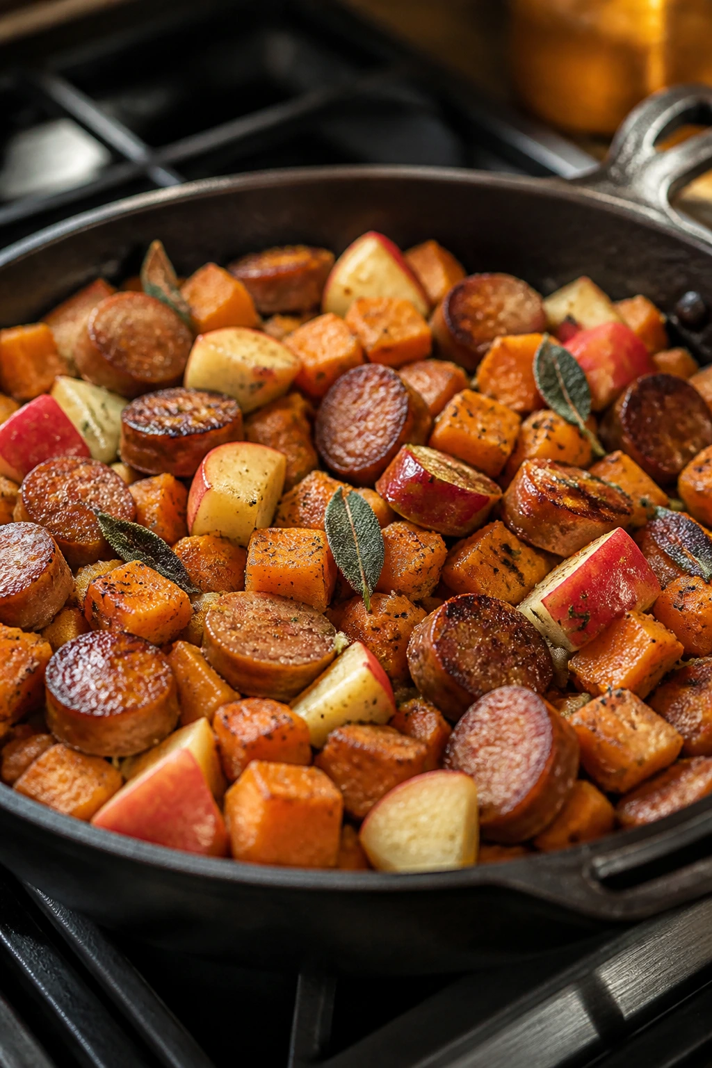 Skillet with sausage, sweet potatoes, and apple chunks in a warm kitchen