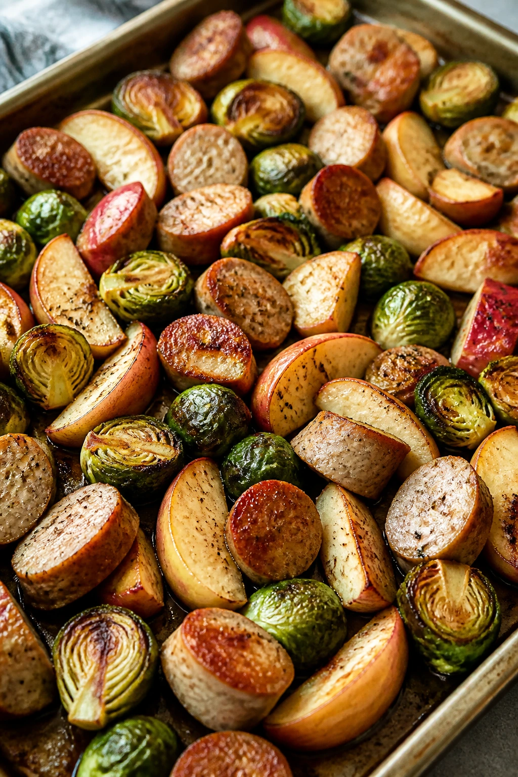Close-up of sheet pan with sausage, apples, and Brussels sprouts roasting
