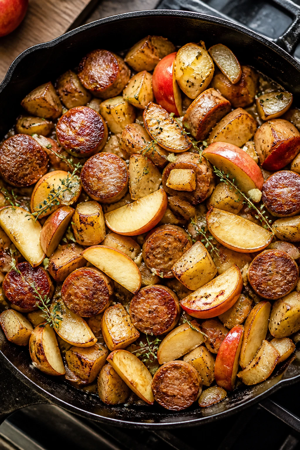 Skillet with sausage, apples, and potatoes in a home kitchen