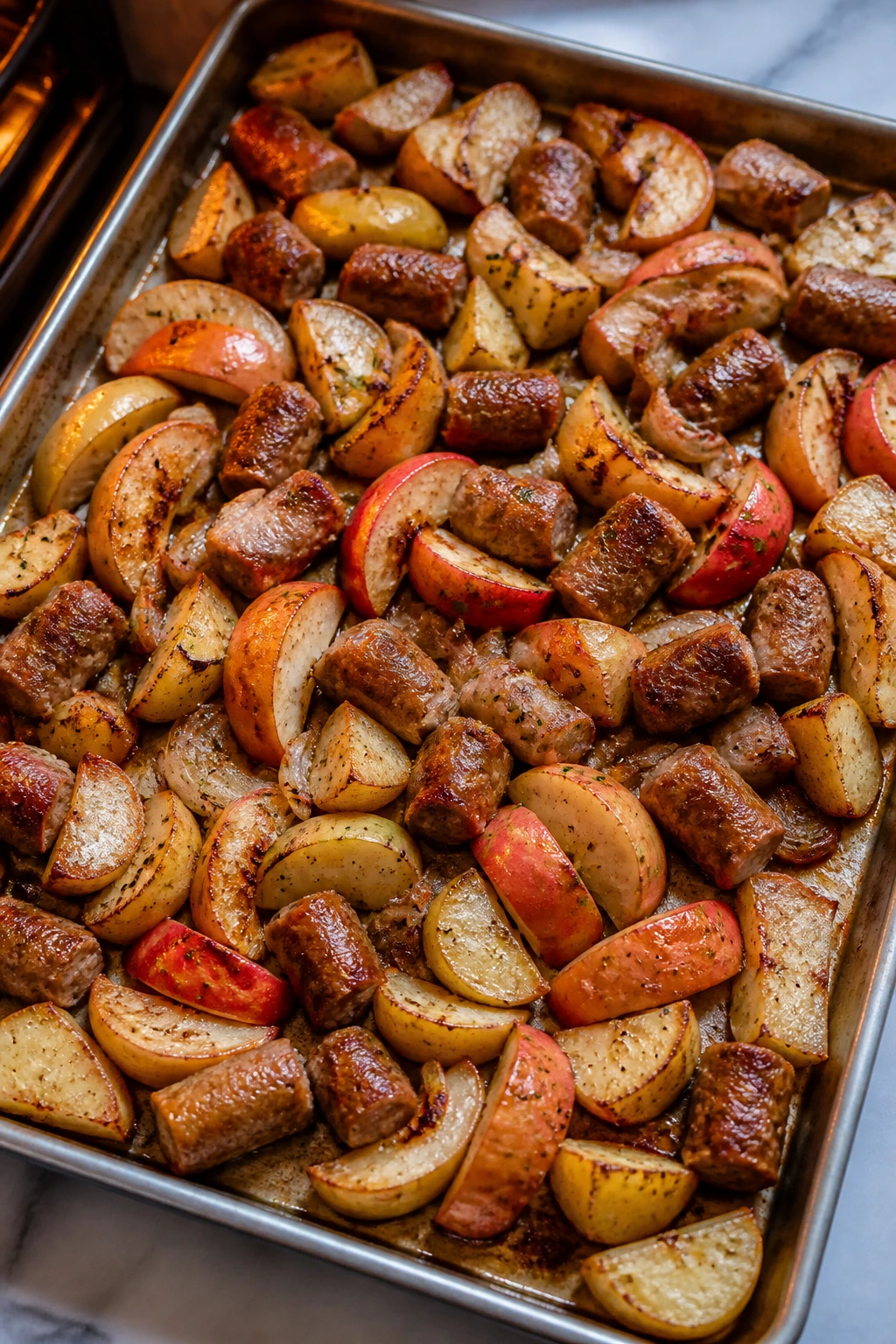Sheet pan dinner with sausage, apples, and onions roasting