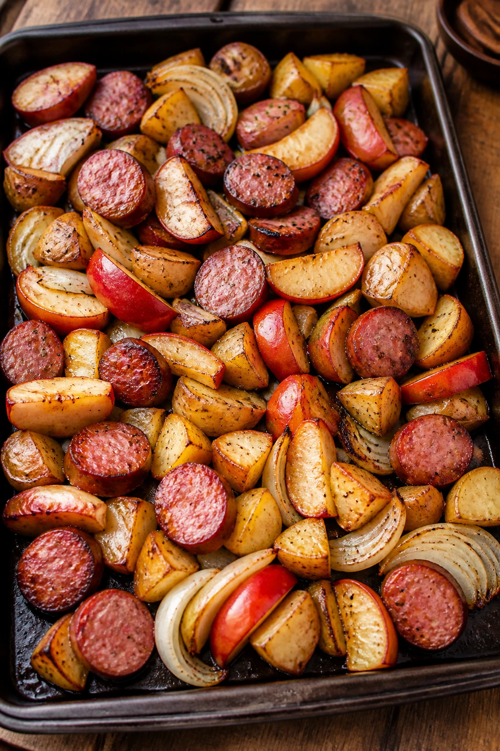 Roasted sausage with apples, potatoes, and onions on a sheet pan.