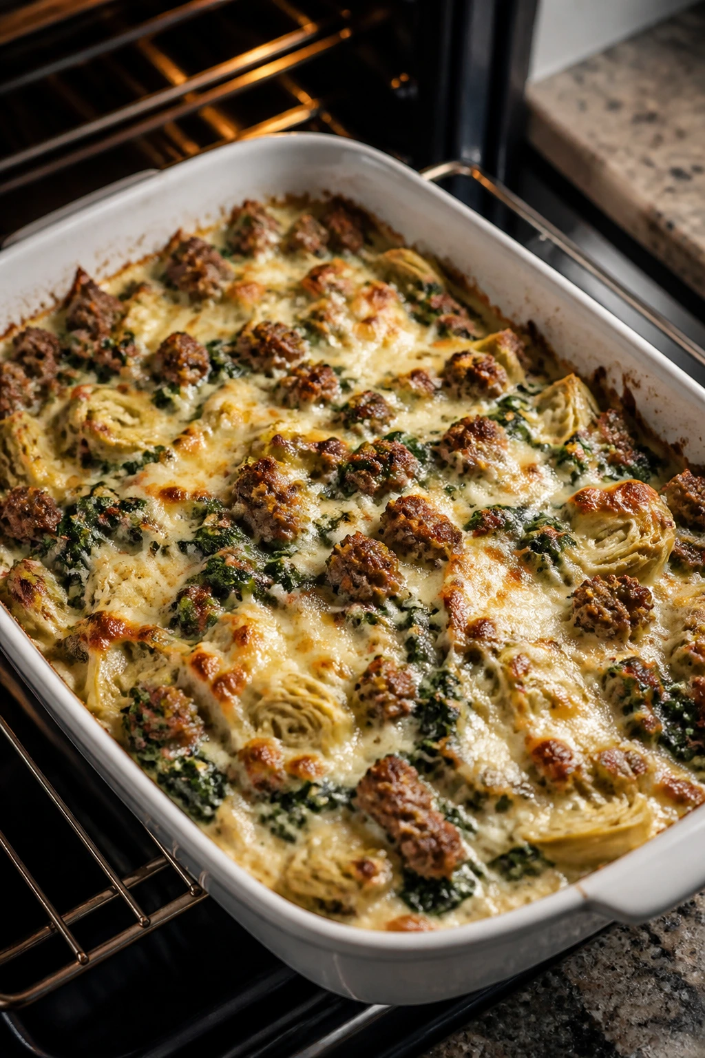 Sausage artichoke spinach bake in a casserole dish with melted cheese