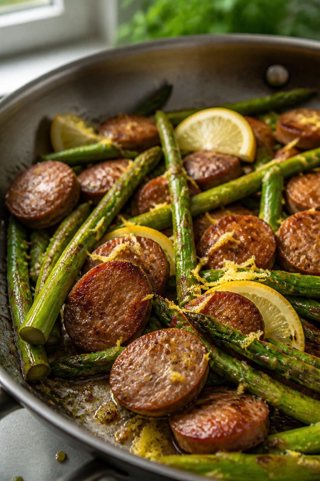 Close-up of sausage and asparagus with lemon in a skillet