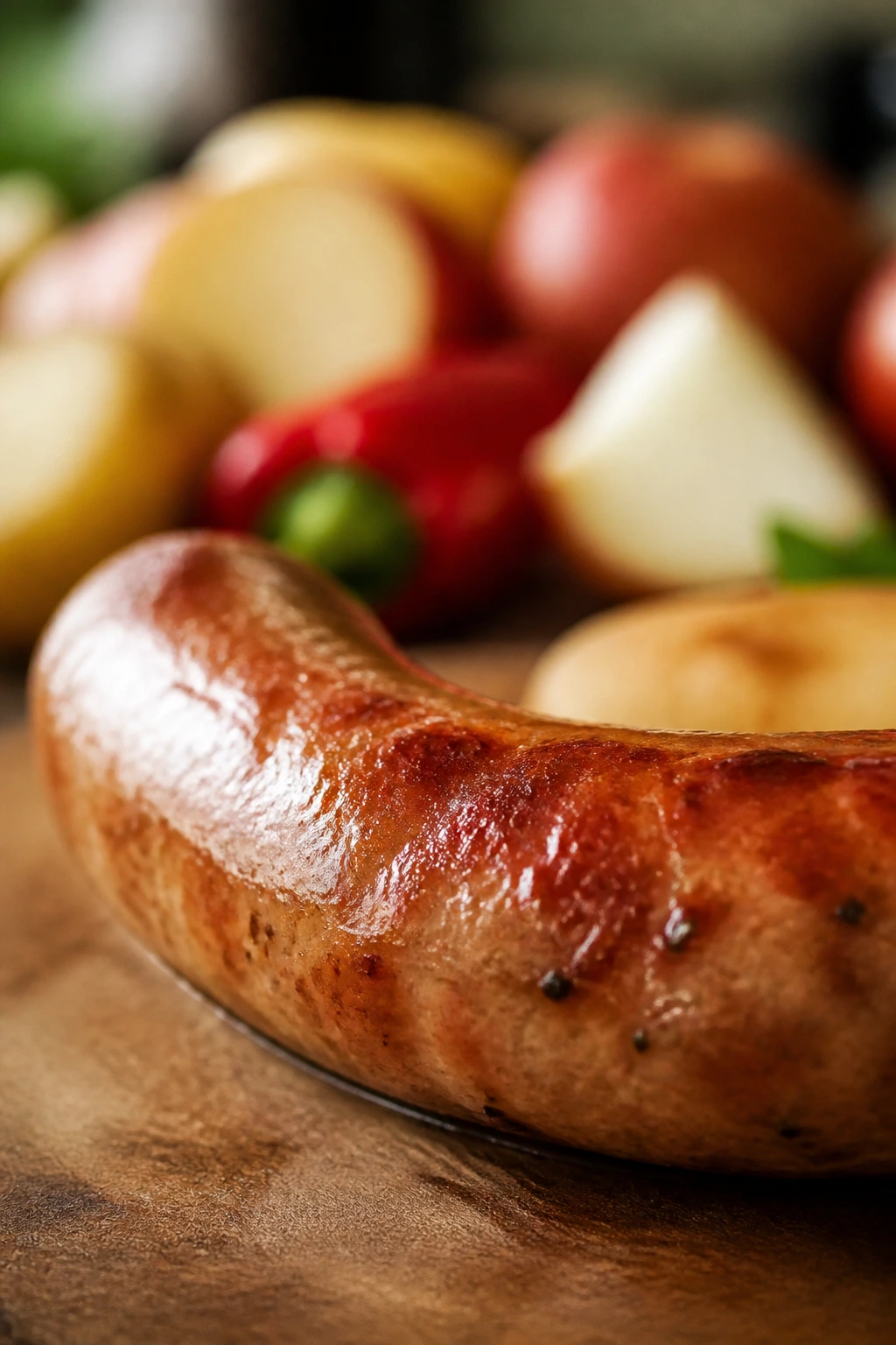 Macro shot of a sausage link with background ingredients softly blurred