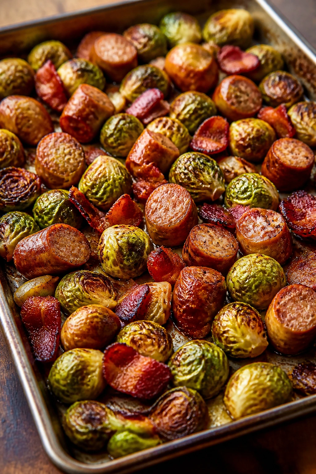 Sheet pan roast with sausage, bacon, and Brussels sprouts