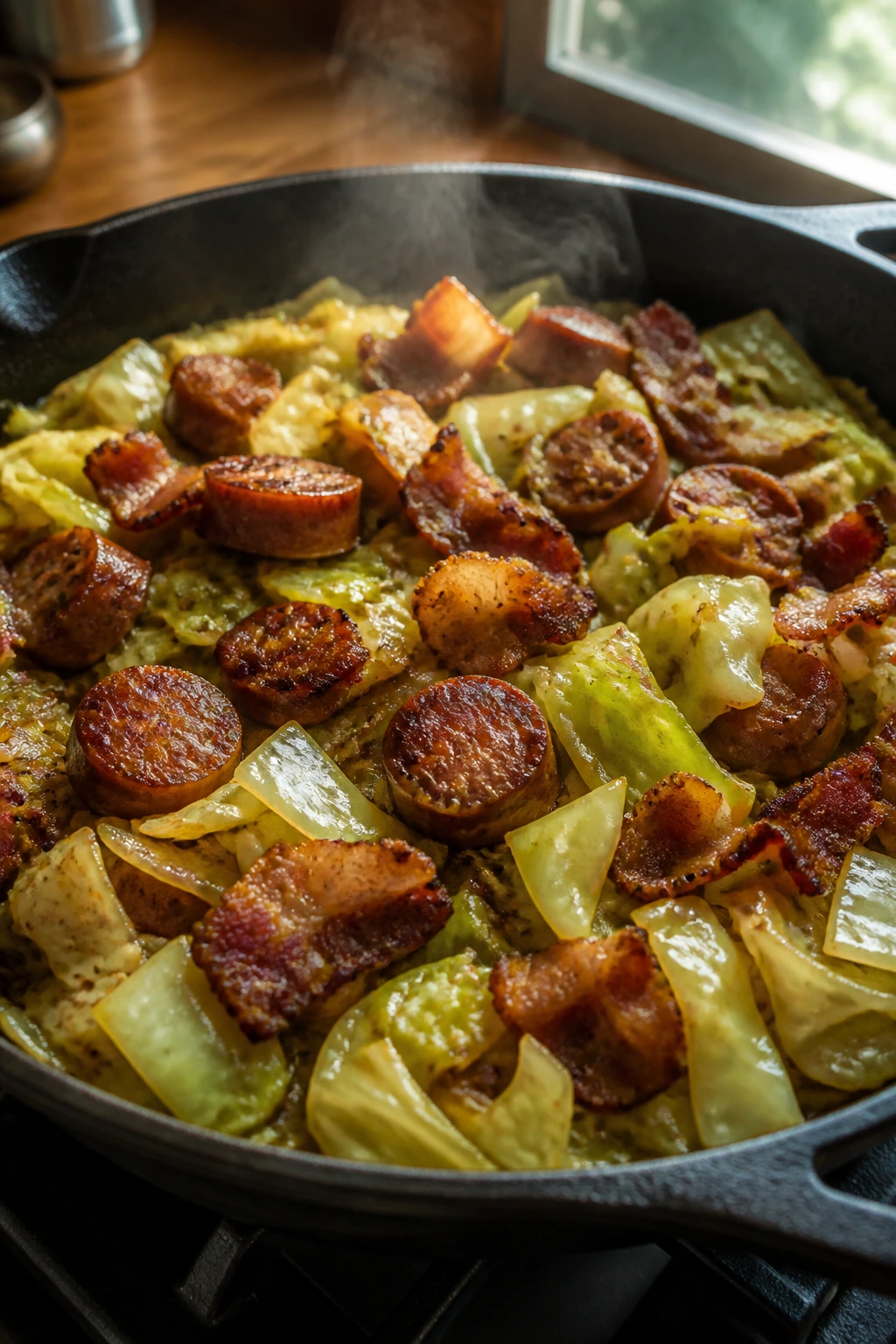 Skillet with sausage, bacon, and cabbage in a cozy kitchen