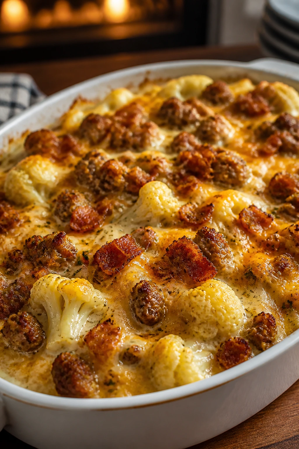Creamy sausage bacon ranch cauliflower casserole with golden top