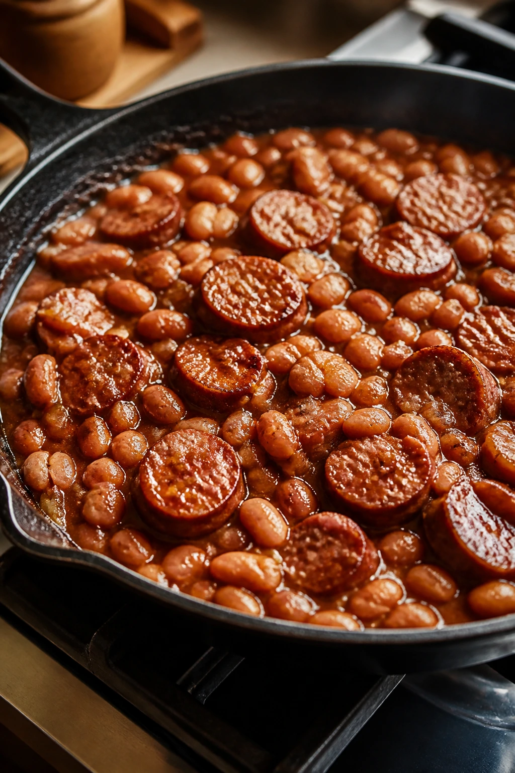 Skillet of baked beans with sausage in a cozy kitchen