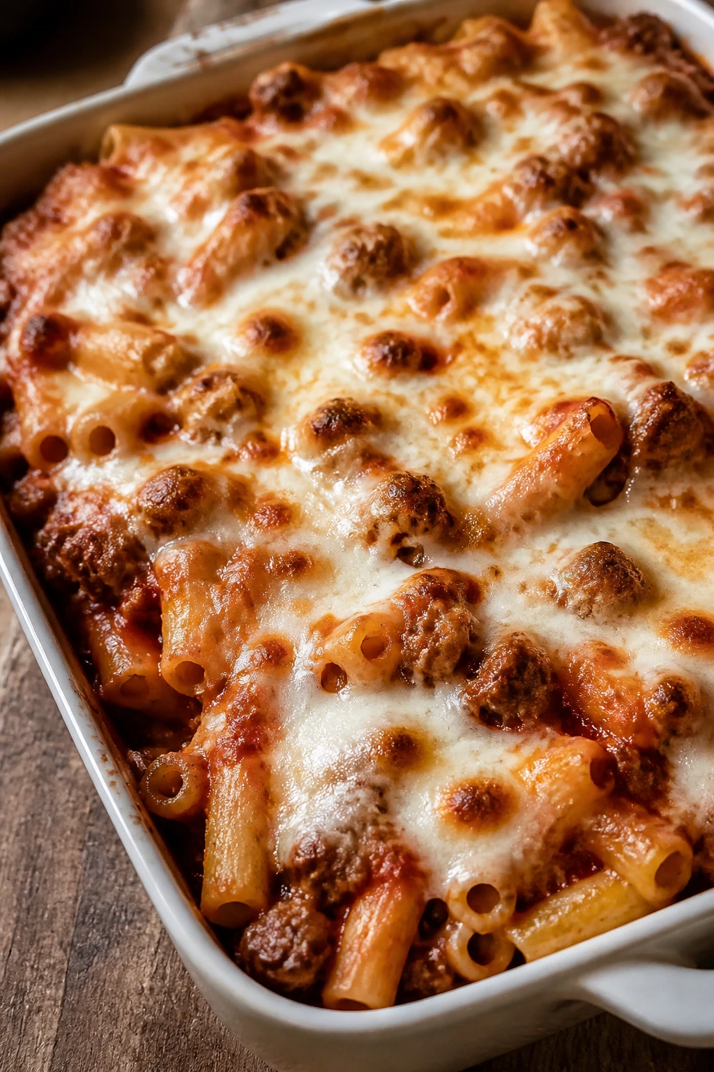 Bubbly baked ziti with melted mozzarella in a pan