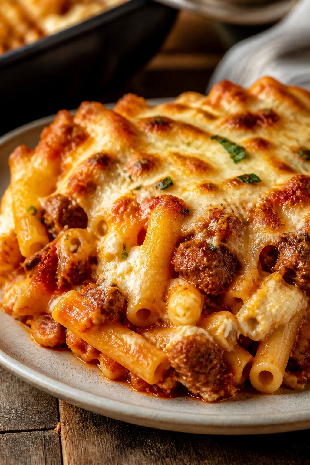 Plate of baked ziti with sausage and melted cheese