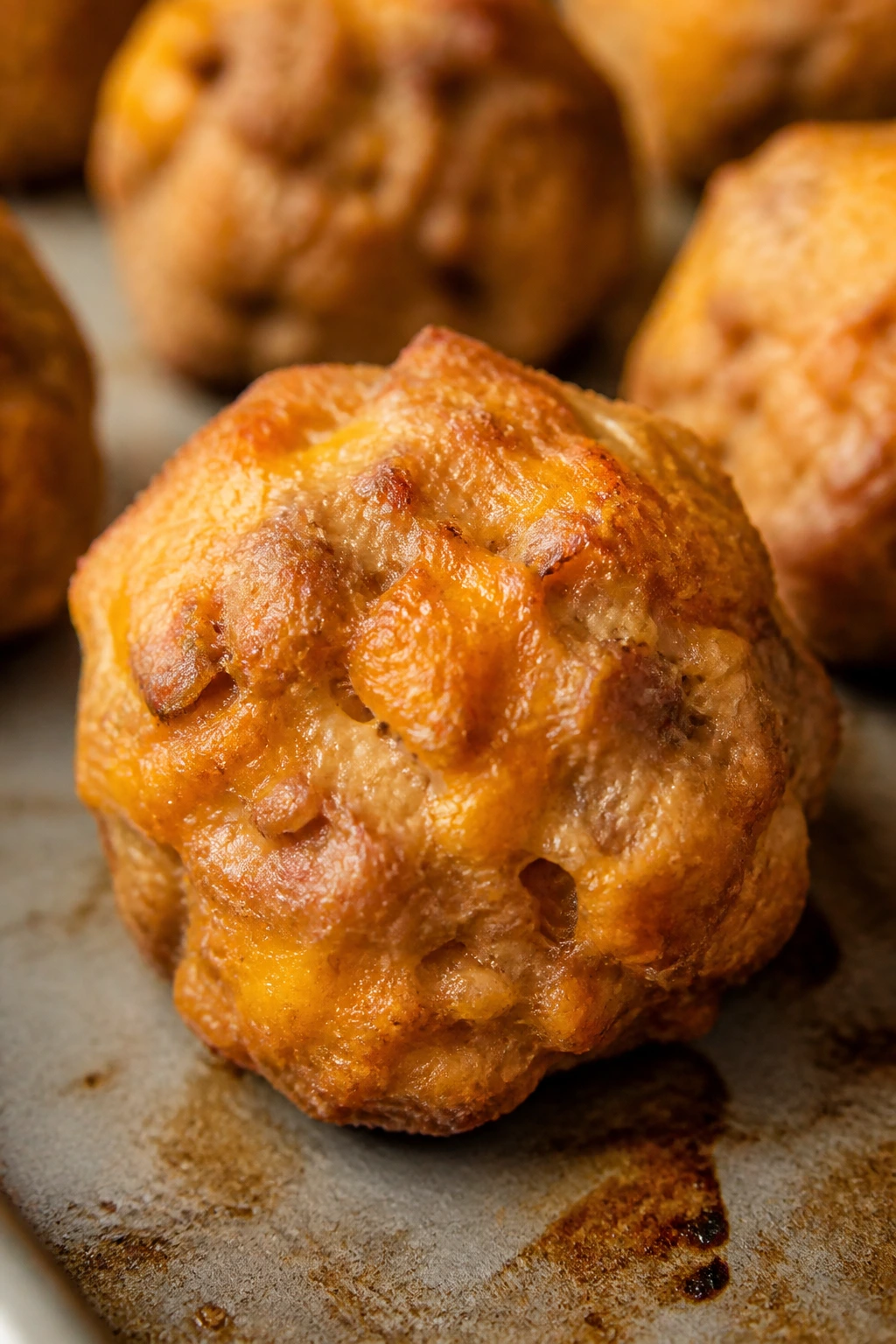Close-up of savory sausage balls with cheddar