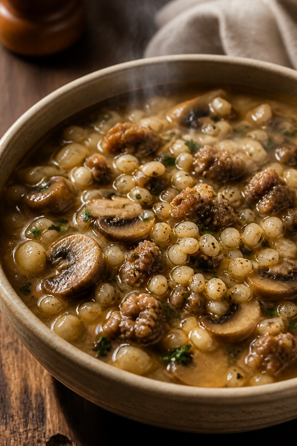 Close-up of Sausage Barley and Mushroom Soup with barley, mushrooms, and sausage.