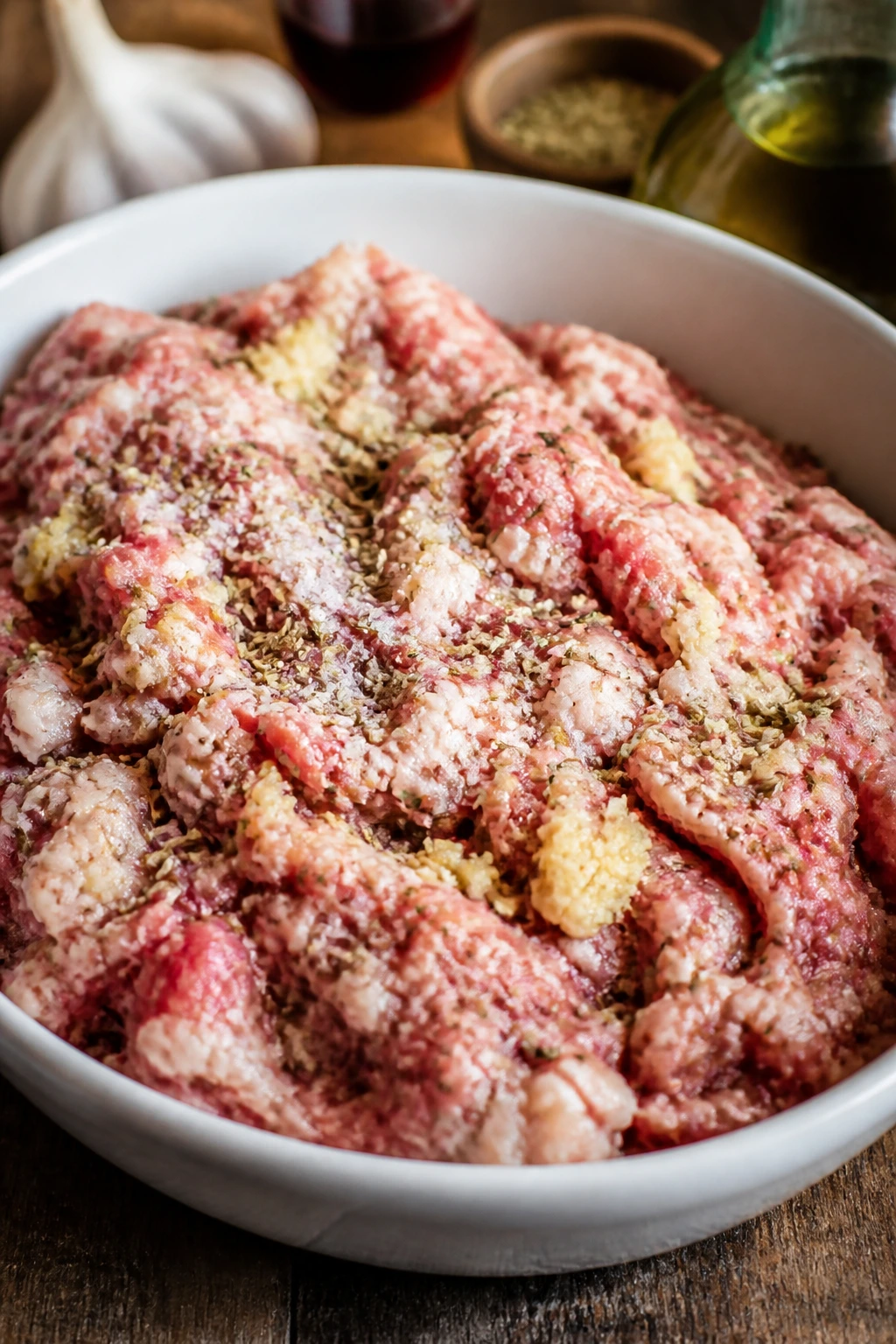 Close-up of seasoned raw sausage mixture with fennel and garlic on wooden counter