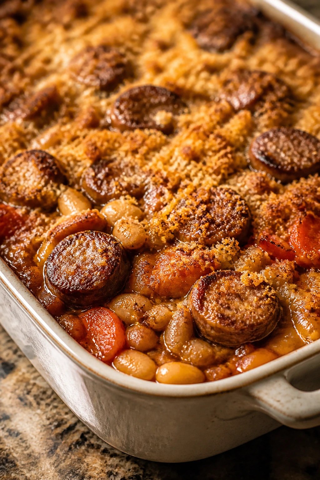 Bubbling sausage and bean bake in a casserole dish