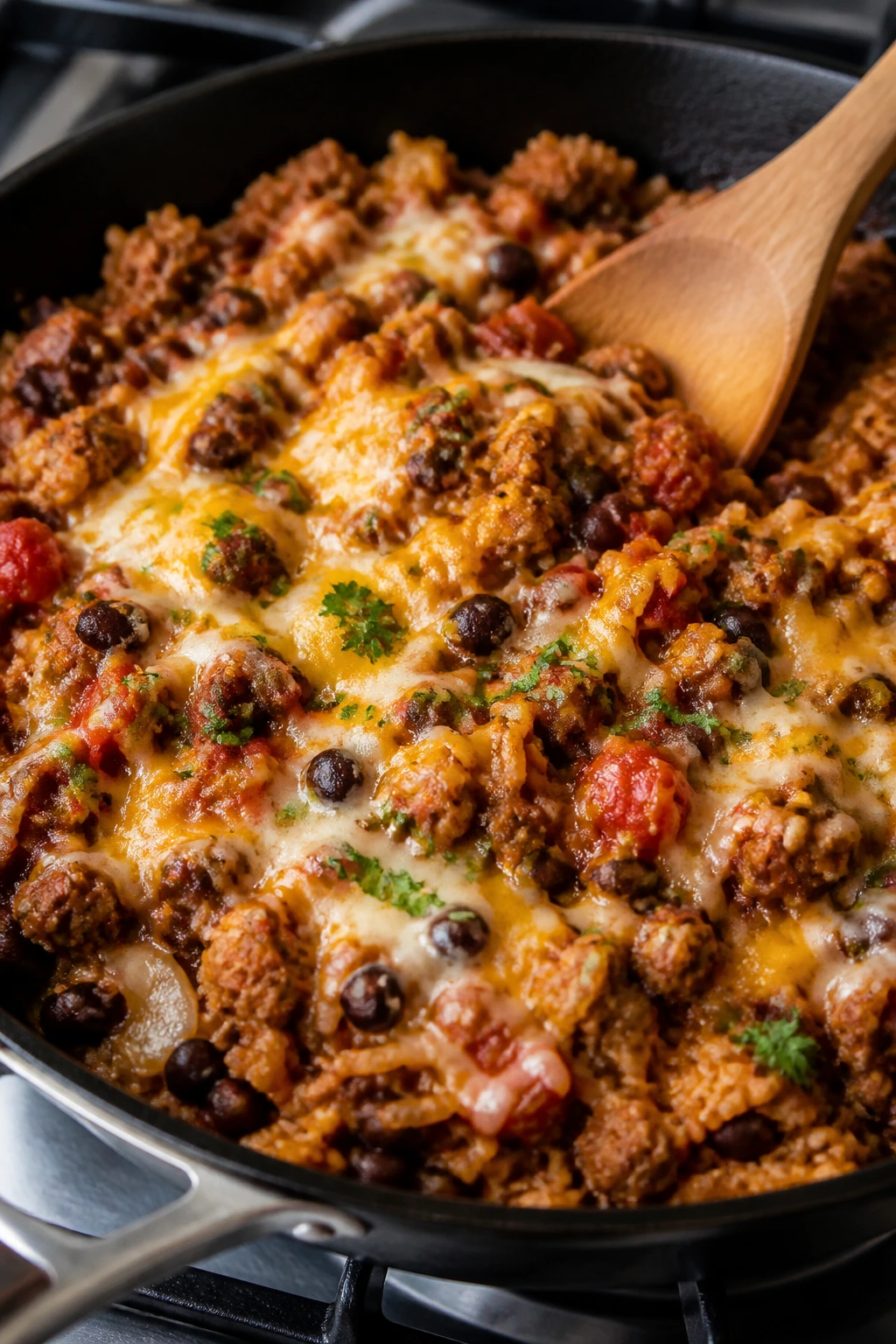 Sausage, bean, rice, and cheese skillet dish