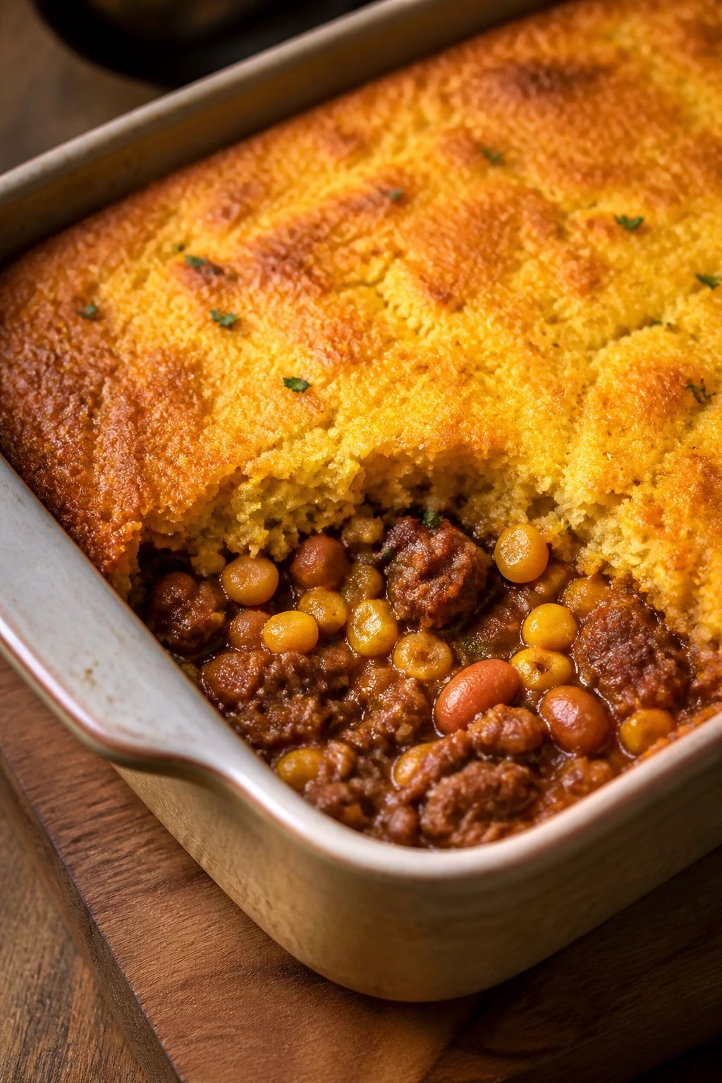 Golden-topped sausage bean cornbread casserole in baking dish.