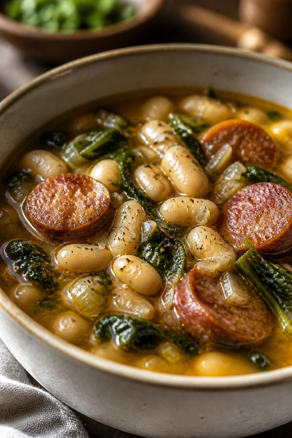 Steaming bowl of sausage and white bean soup with sausage and beans visible