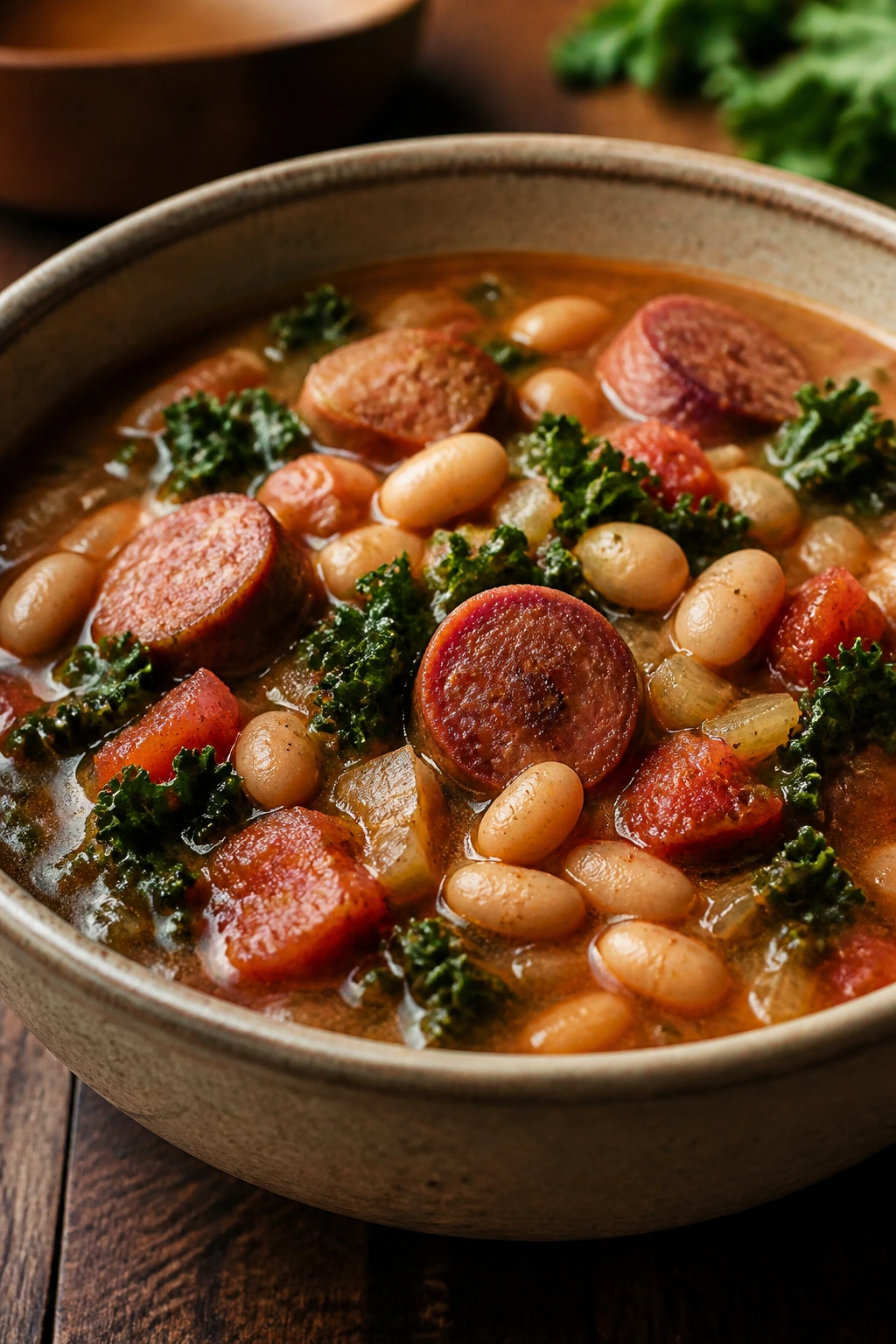 Hearty sausage and bean soup in a rustic bowl