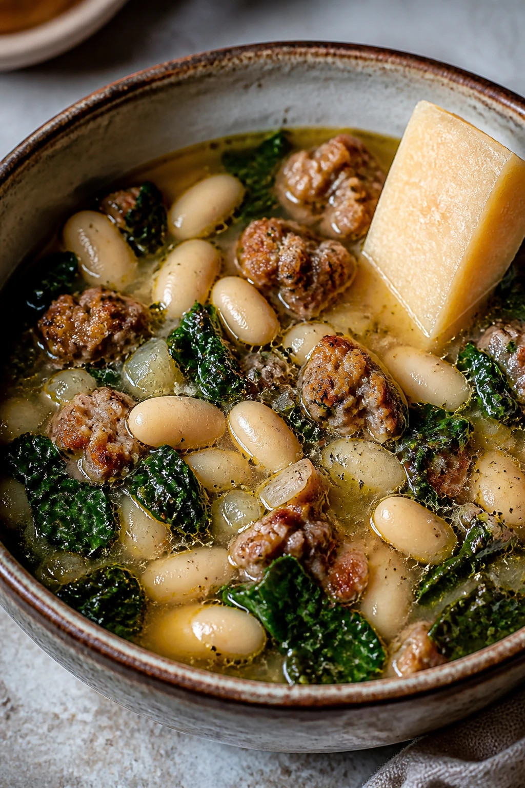 Sausage and white bean soup with kale in a rustic bowl