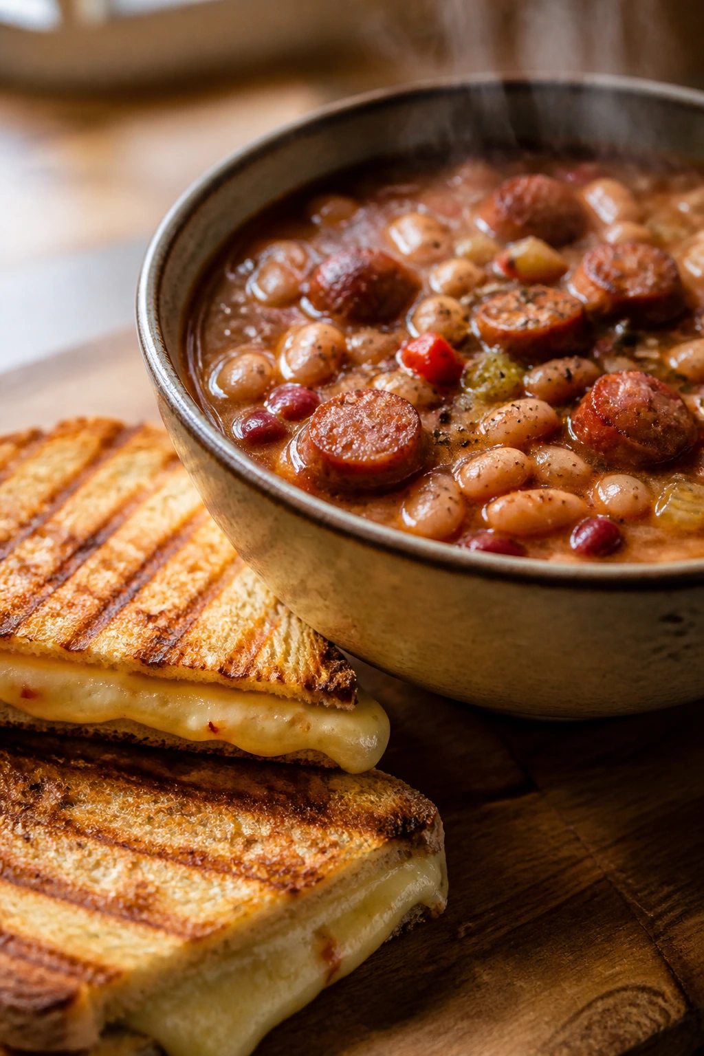 Close-up of smoky sausage bean soup with pepper jack panini on a wooden board