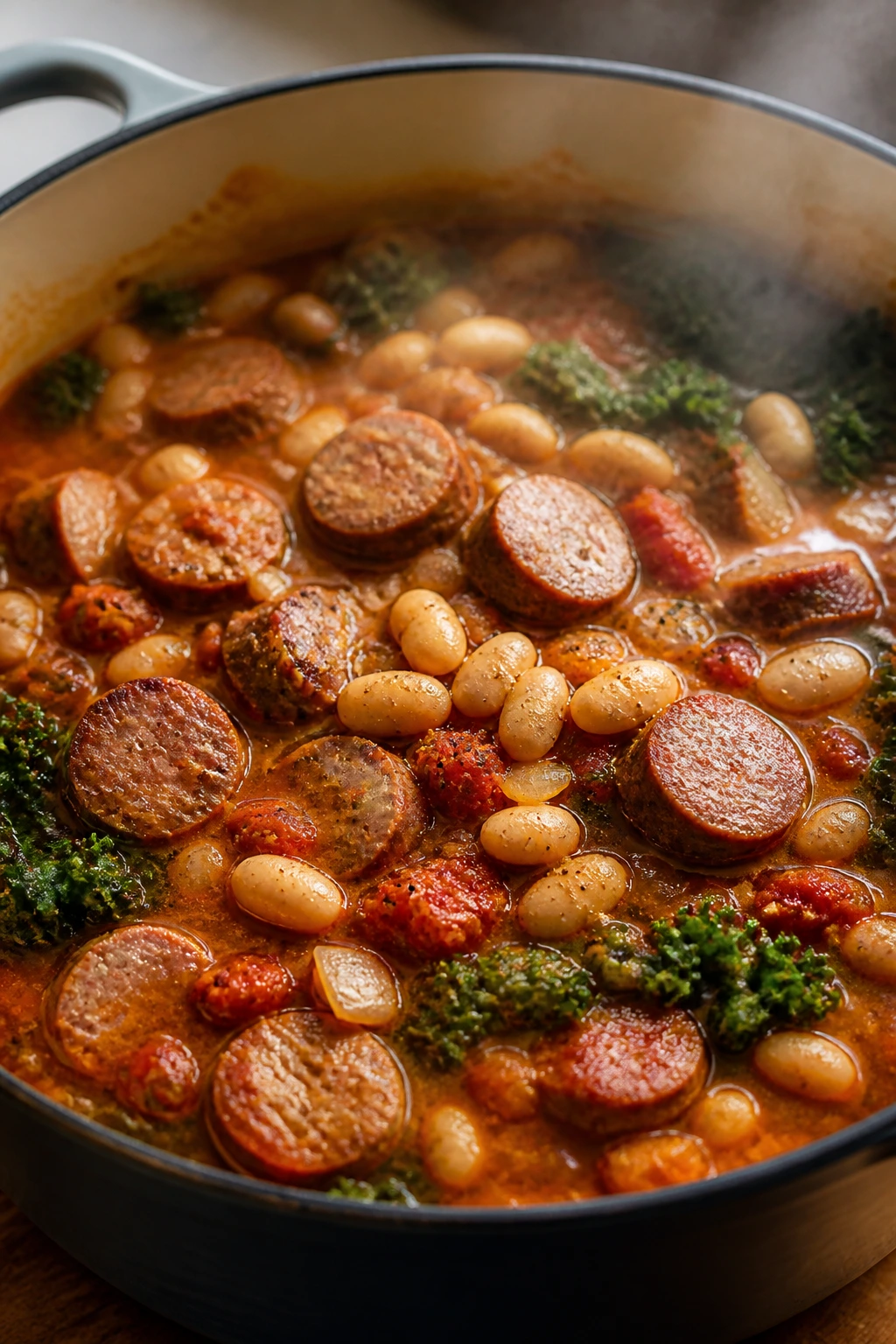 Hearty white bean and sausage tomato stew in a pot.