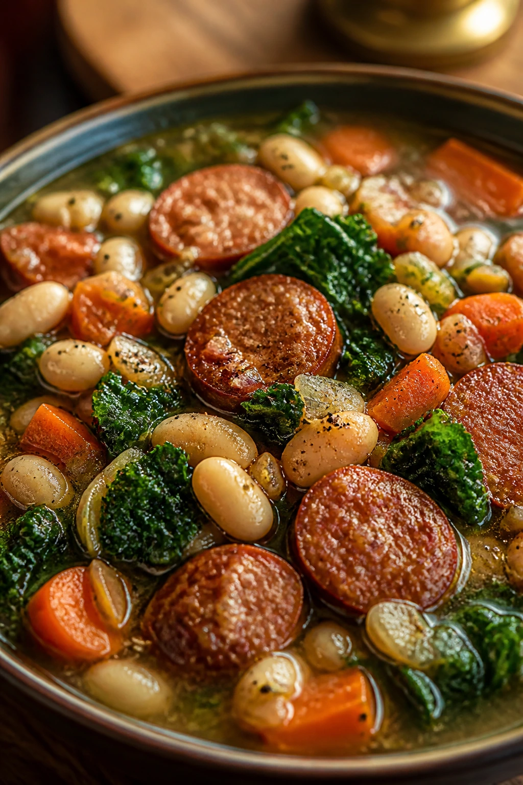 Deep bowl of smoked sausage white bean stew with greens.