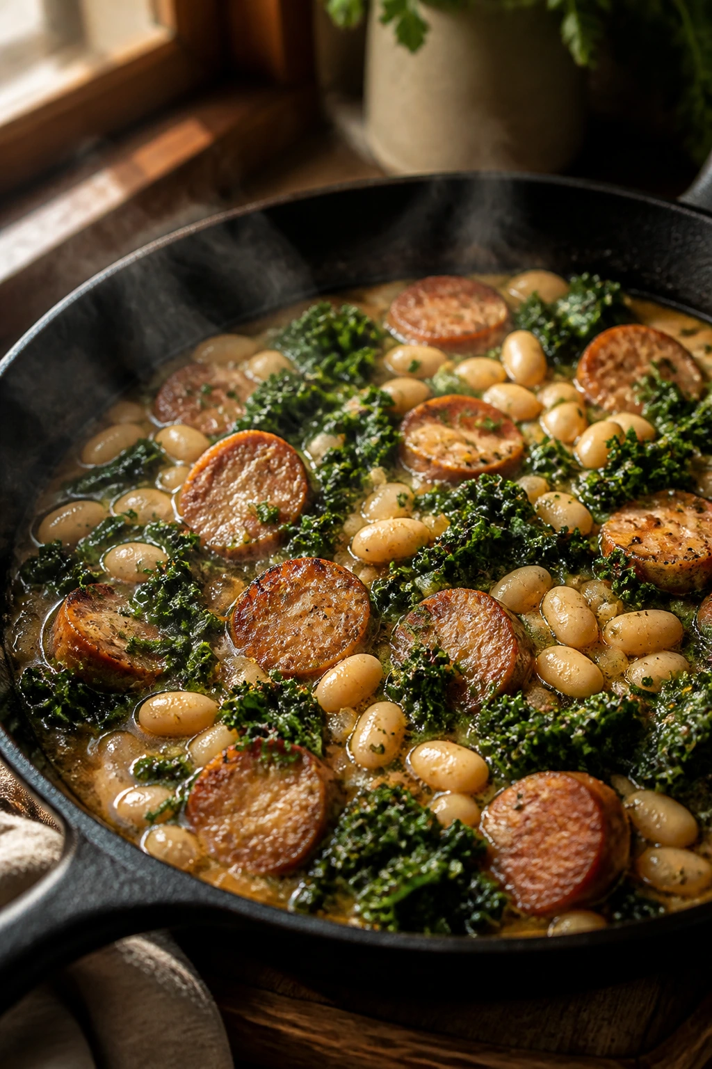 Close-up of a cast-iron skillet with sausage, white beans, and kale in a glossy broth.