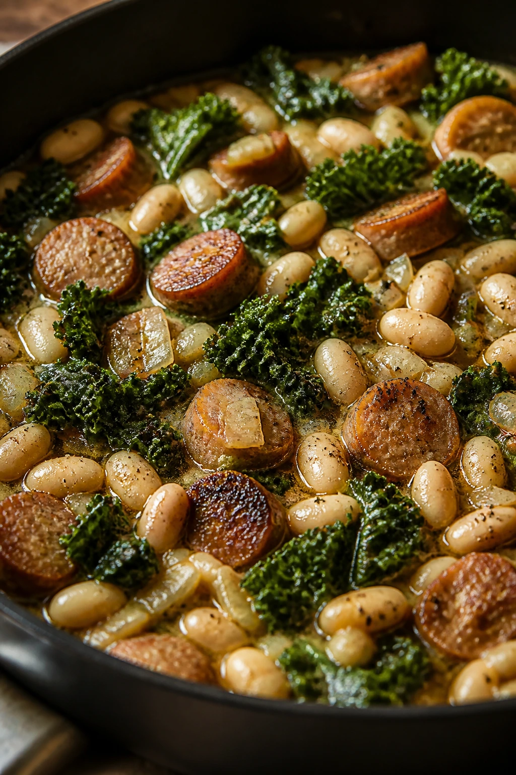 Close-up of sausage white bean kale skillet