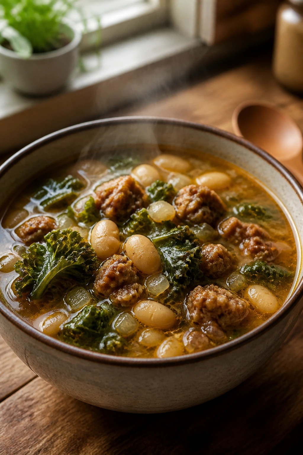 Steaming sausage bean kale soup in a bowl on a wooden counter