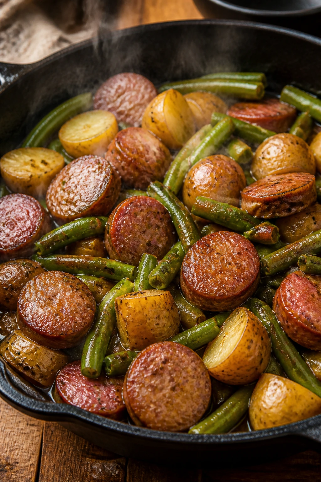 Skillet with sausage, potatoes, and green beans.