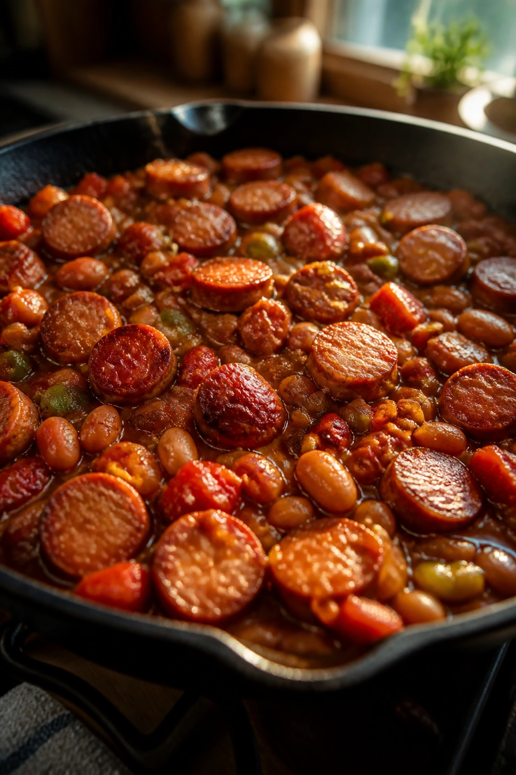 Skillet of hot sausage with beans and tomatoes in a sunny kitchen