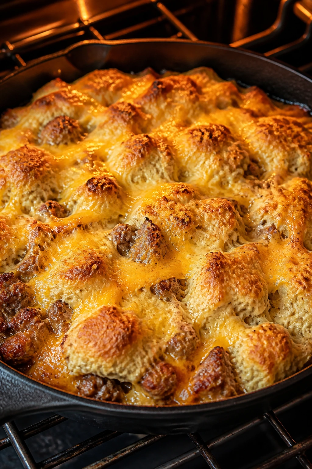 Golden sausage cheddar biscuit bake in a baking dish