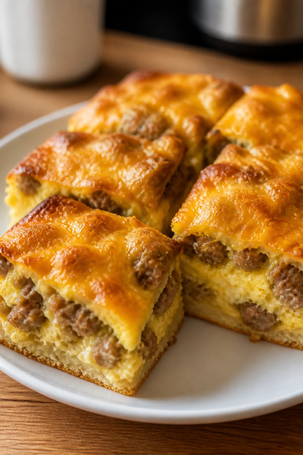 Squares of sausage and egg biscuit casserole on a plate