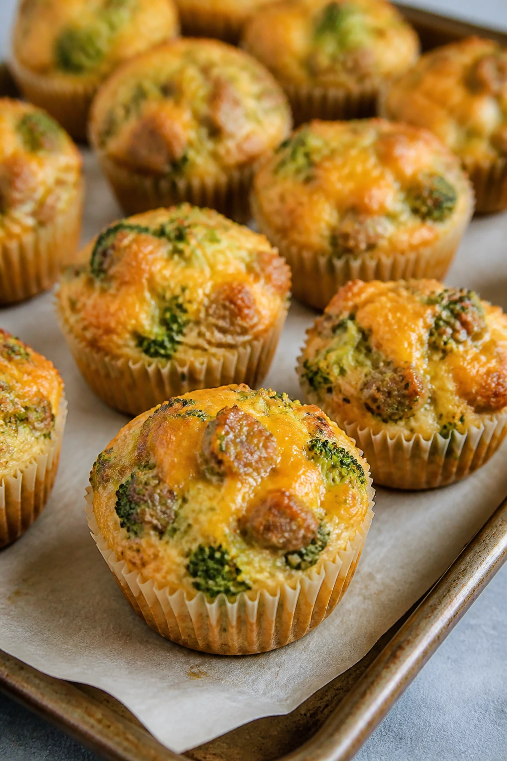 Close-up of sausage broccoli cheddar bites in muffin cups on a baking sheet