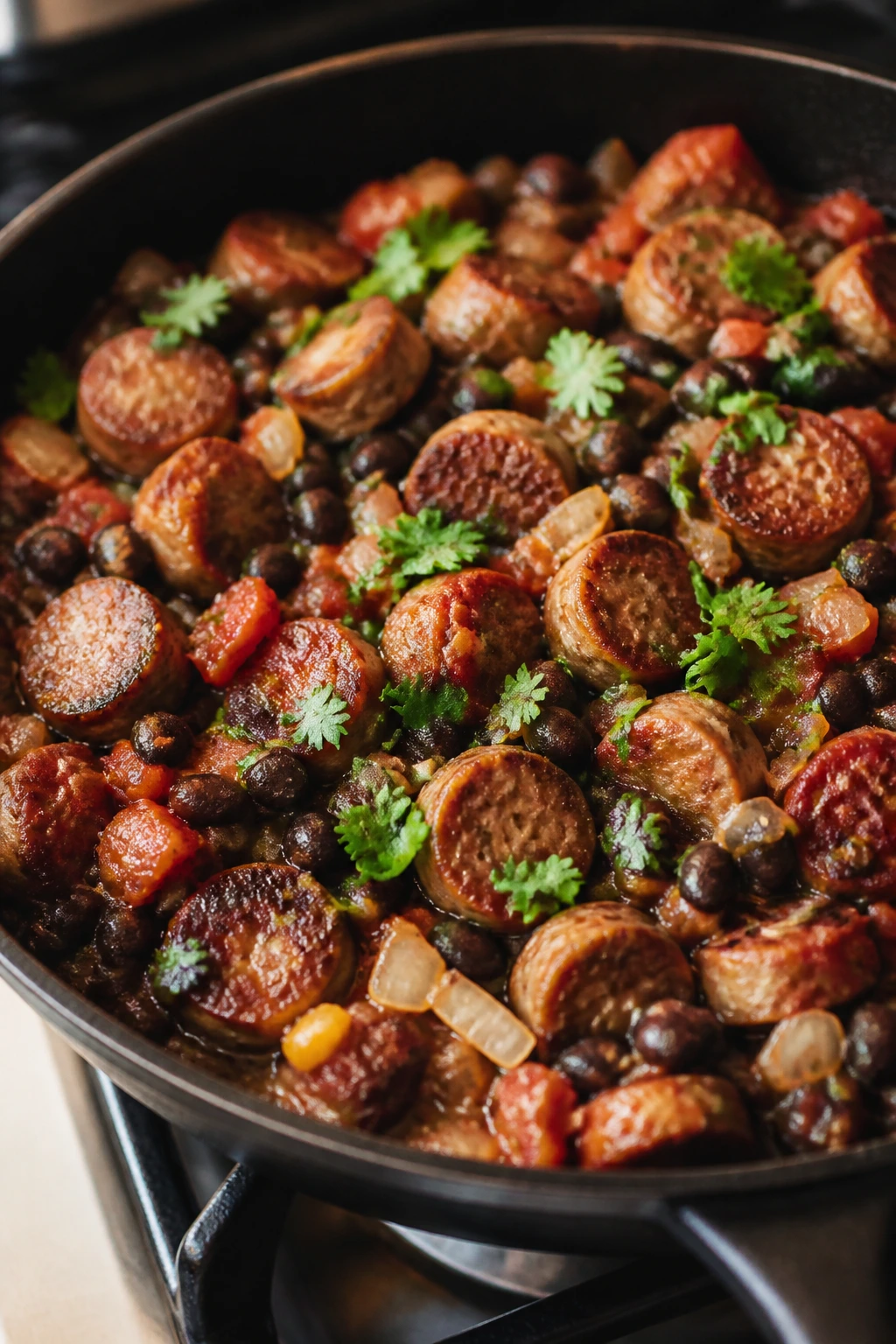 Close-up of sausage black bean skillet on stove