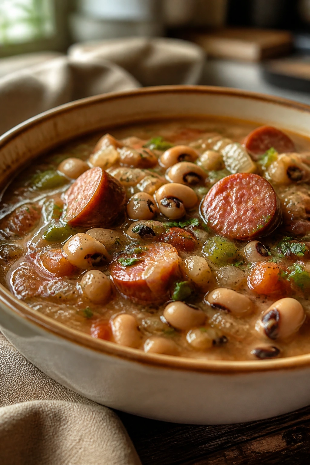 Stew bowl with sausage and black-eyed peas in a rustic kitchen.