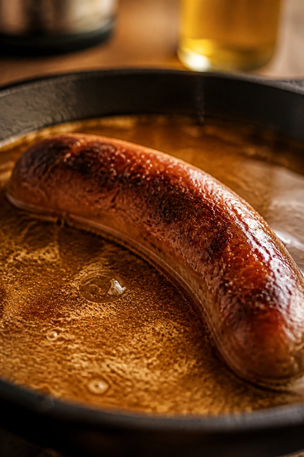 Sausage braising in a skillet with pale beer or cider liquid