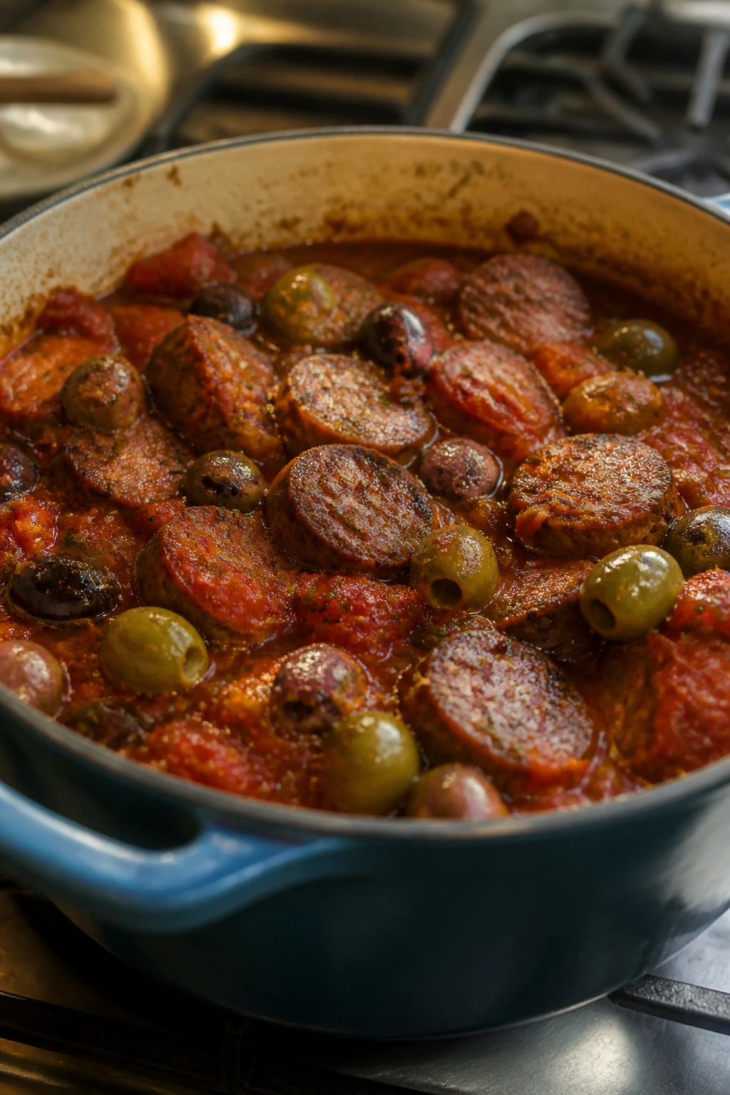 Sausage tomato olive braise in a Dutch oven with olives and sausage