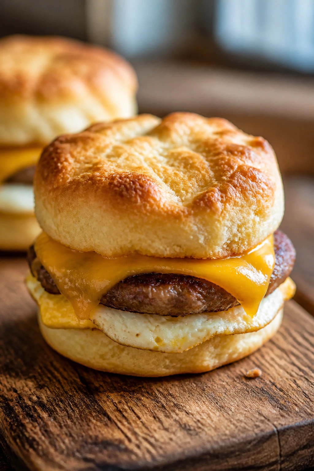 Close-up of a crispy sausage biscuit sandwich with melted cheese on a wooden board in a bright kitchen