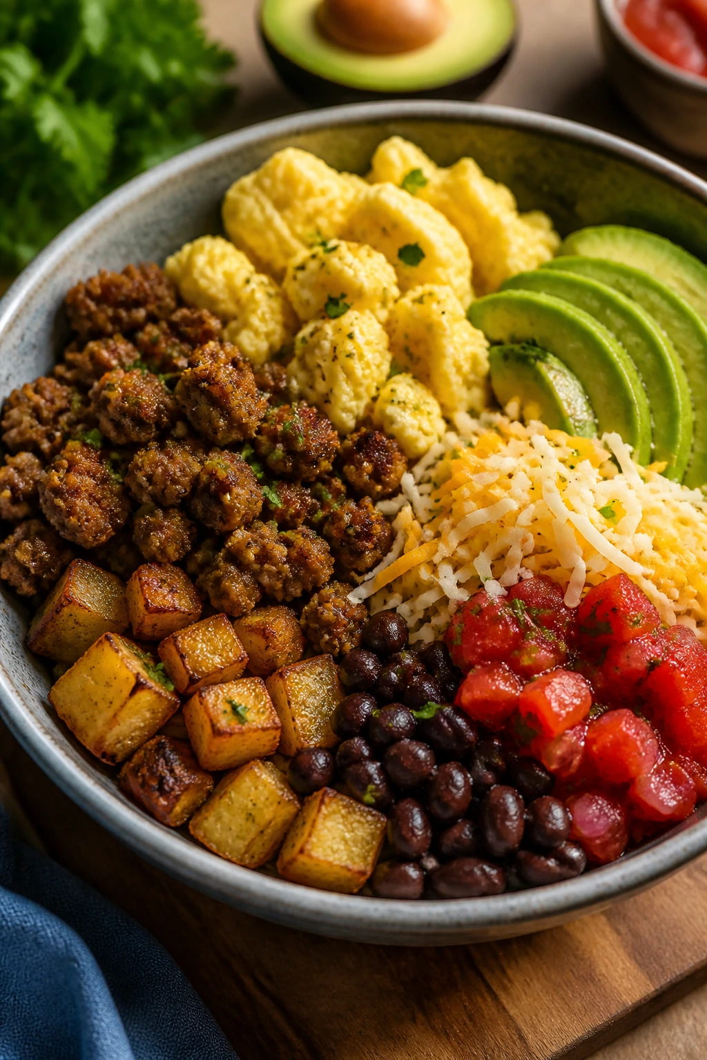 Close-up of a sausage breakfast burrito bowl with eggs and avocado