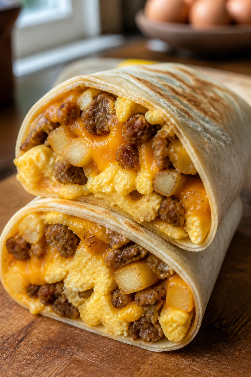 Breakfast burrito with sausage, eggs, potatoes and cheddar